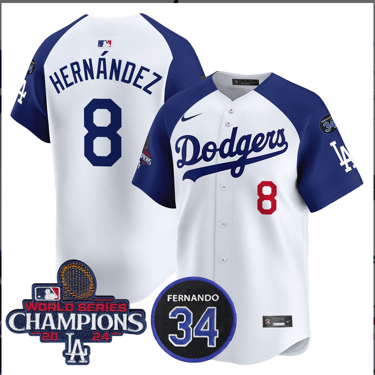 Men MLB Los Angeles Dodgers #8 Hernandez white 2024 World Series Champions Patch Limited Jersey